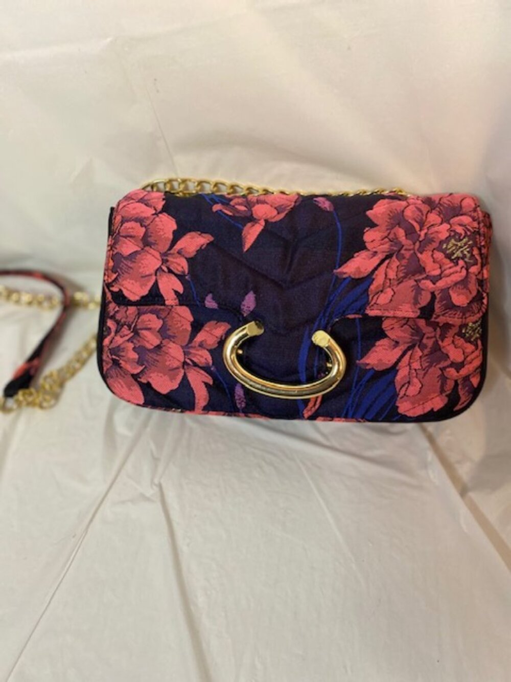 JustFab Quilted Floral Crossbody Bag with Gold Chain Strap - Black & Pink